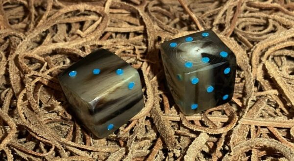 a pair of cow horn dice with turquoise dots